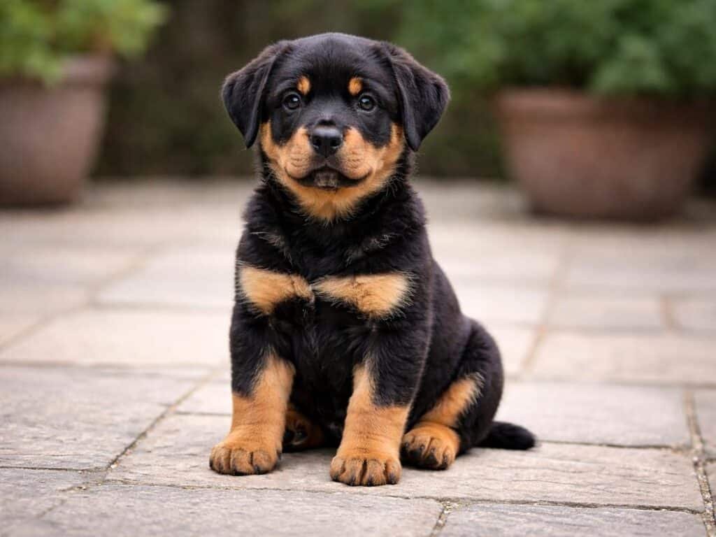 Confident female Rottweiler puppy sitting upright on a stone patio outdoors