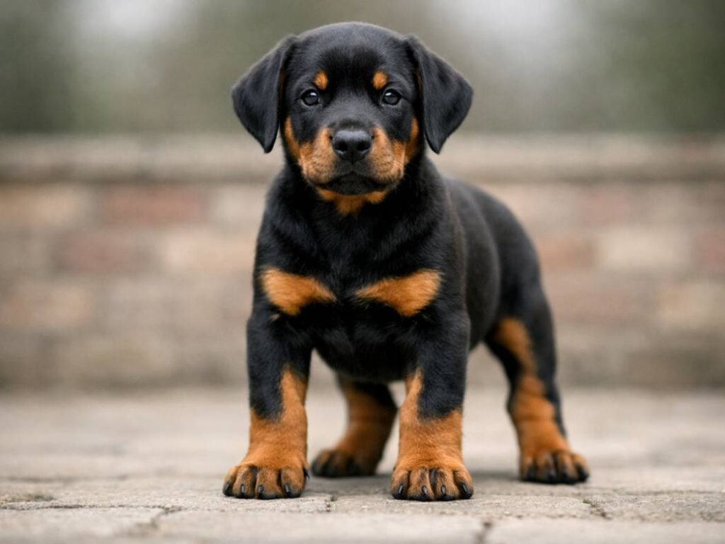 Confident male Doberman Pinscher puppy standing firmly on a stone pathway with an alert expression