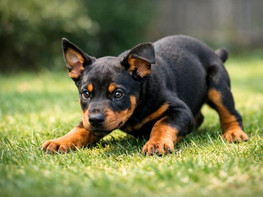 Doberman Pinscher puppy crouching playfully in a backyard with an intense expression