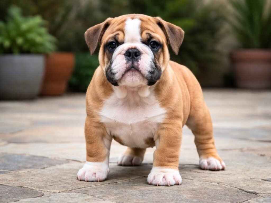 Strong male English Bulldog puppy standing firmly on a stone patio with a proud expression
