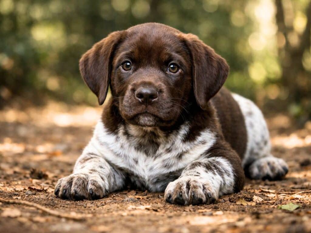 Strong male German Shorthaired Pointer puppy crouched calmly in a woodland setting
