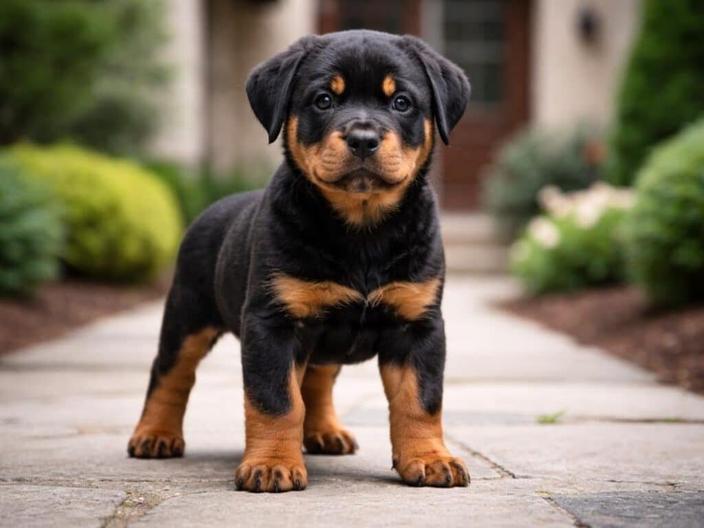 Strong-looking male Rottweiler puppy standing confidently on a stone pathway