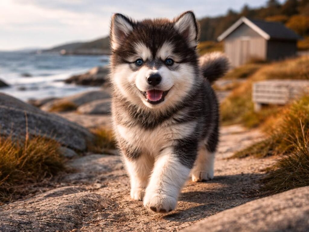 Alaskan Malamute puppy walking on a rocky Nordic coastline trail at golden hour