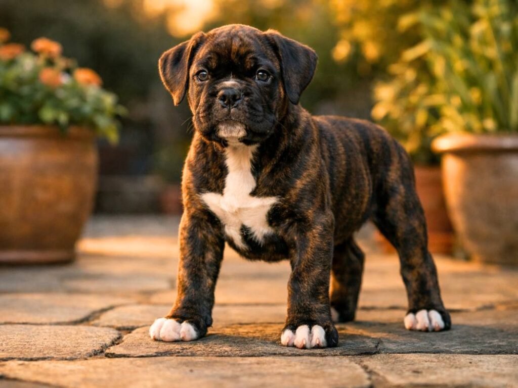 Confident Boxer puppy standing firmly on a stone patio, highlighting the strong and muscular build of the breed