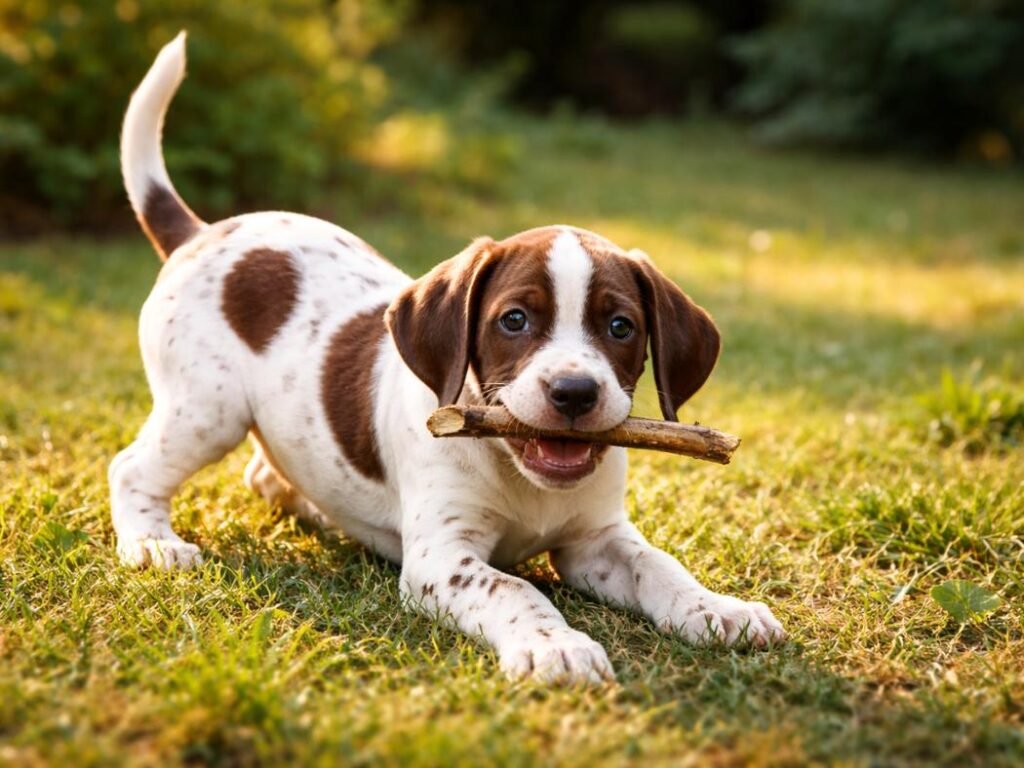 English Setter puppy with tan speckles lying on a rug and chewing gently on a stick.