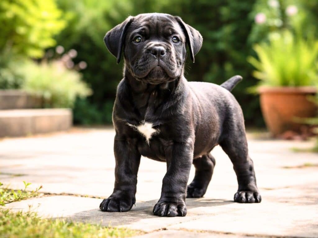 Black Cane Corso puppy standing confidently in a backyard