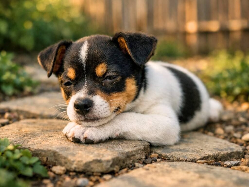Toy Fox Terrier puppy resting on a backyard garden path in warm golden light