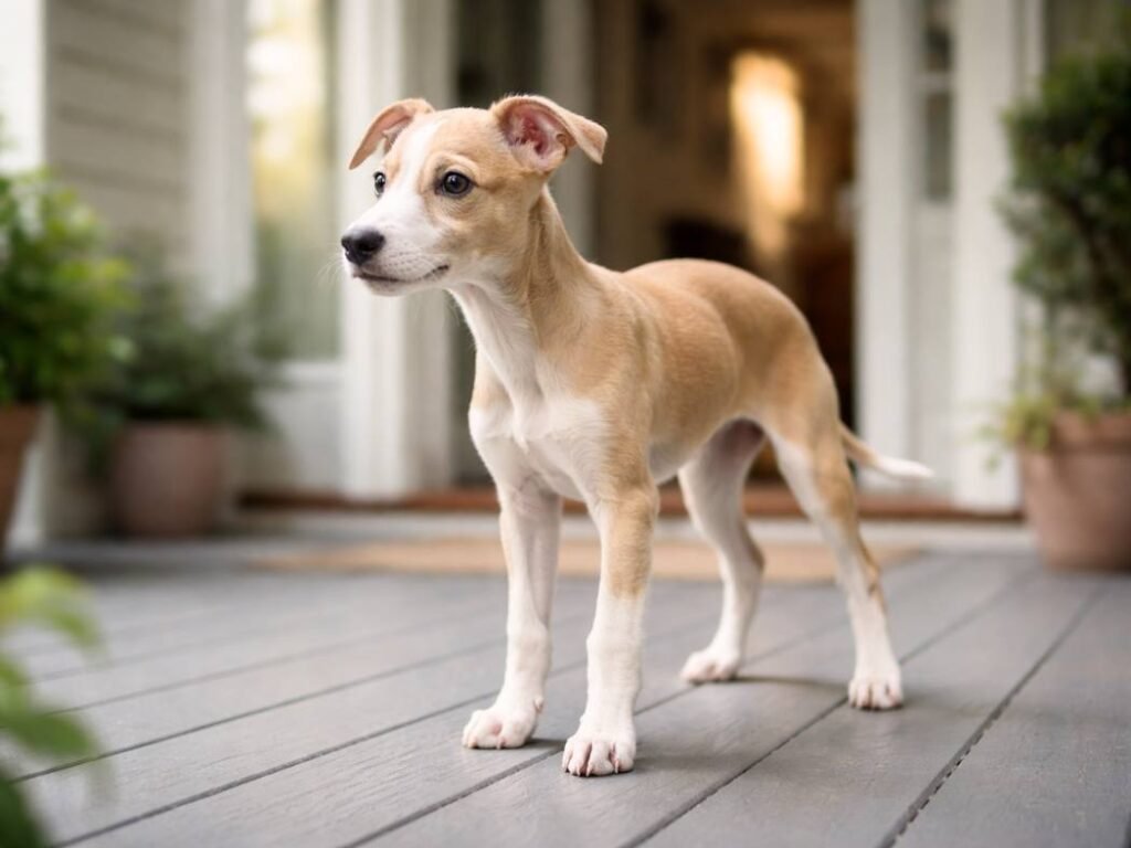 Whippet puppy standing alert on a front porch near an open doorway, focused and curious.