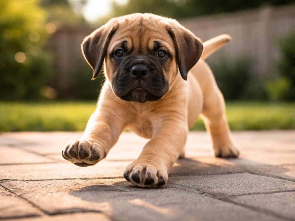 Brown Mastiff puppy stretching forward on a patio in warm sunlight