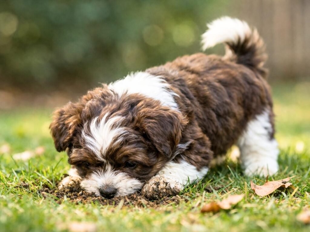 Havanese puppy digging in the grass in a backyard with a playful and curious expression.