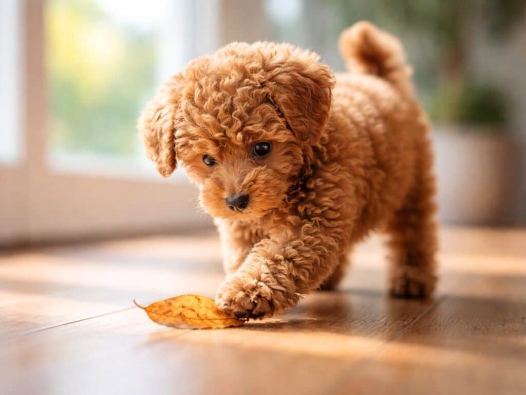 Brown Poodle puppy pawing at a leaf on a wooden floor indoors