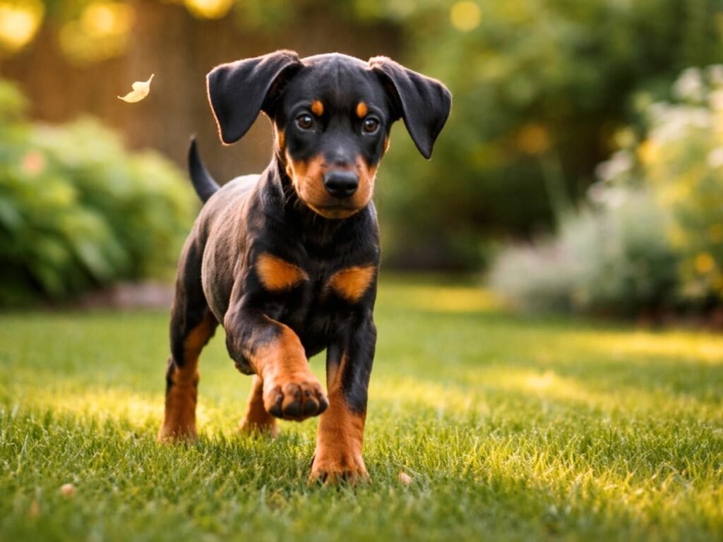 Doberman Pinscher puppy running in a backyard garden with a playful focused expression