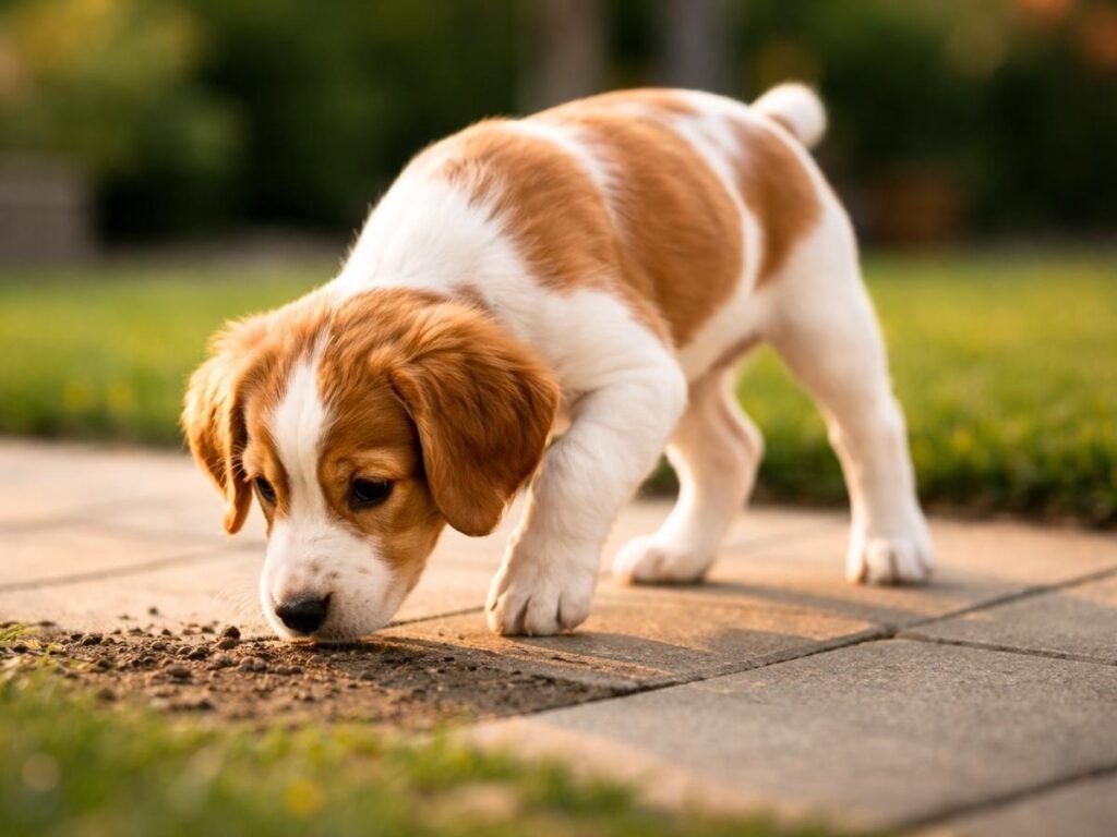 Brittany puppy sniffing the ground with one paw lifted in a backyard patio area.