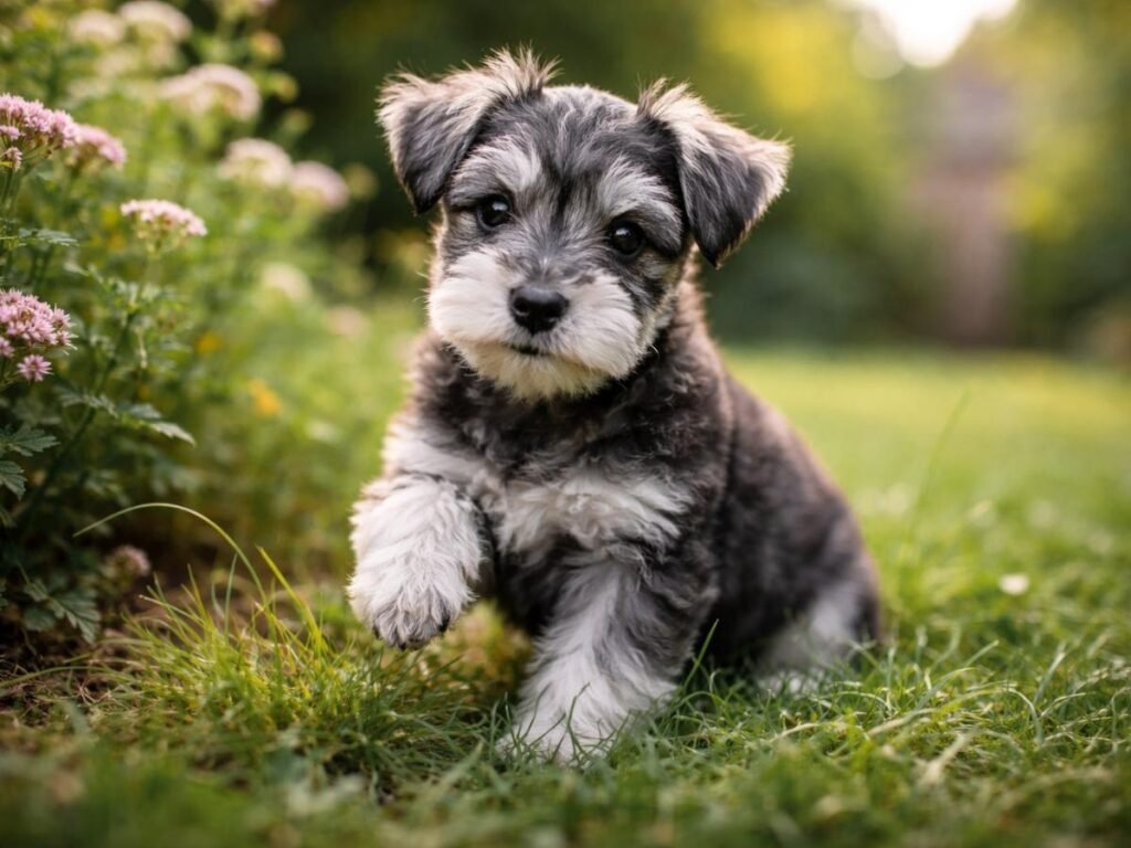 Miniature Schnauzer puppy sitting in a garden with a curious expression