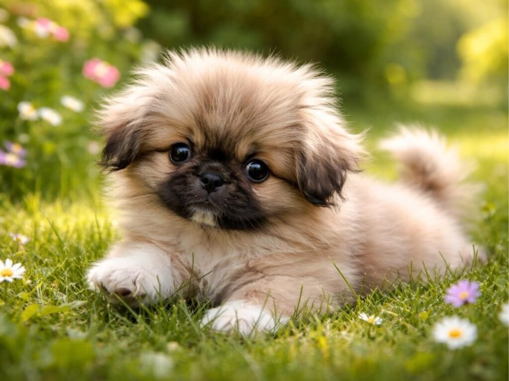 Fluffy Pekingese puppy lying in backyard grass and exploring