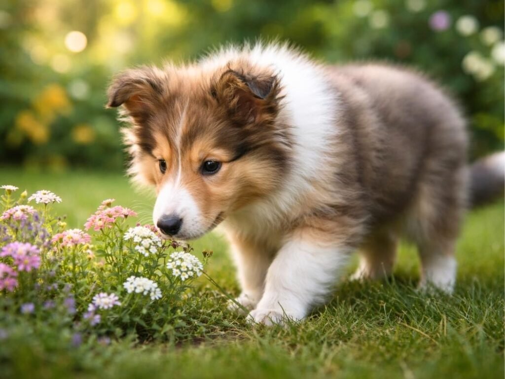 Collie puppy sniffing flowers in a backyard garden
