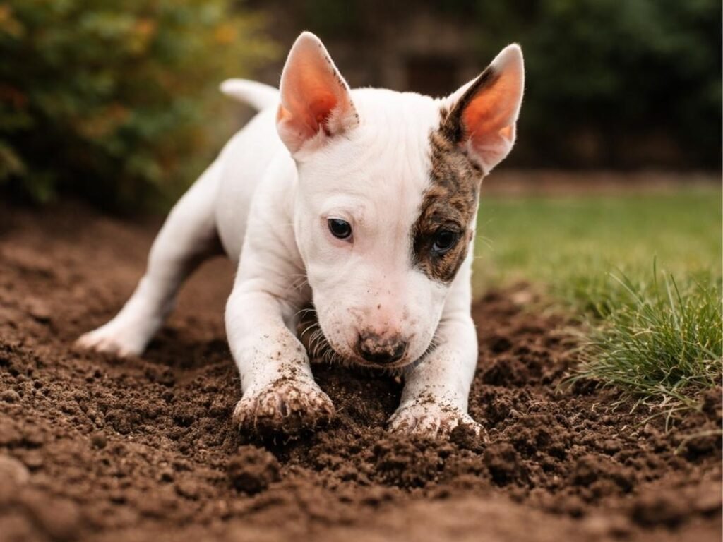 Bull Terrier puppy digging in garden soil in a backyard with a focused playful look.