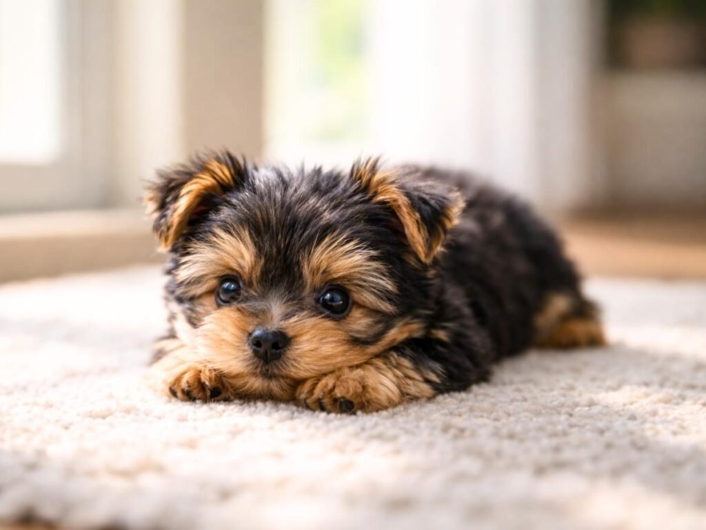 Yorkshire Terrier puppy stretching on a rug near a bright window indoors.