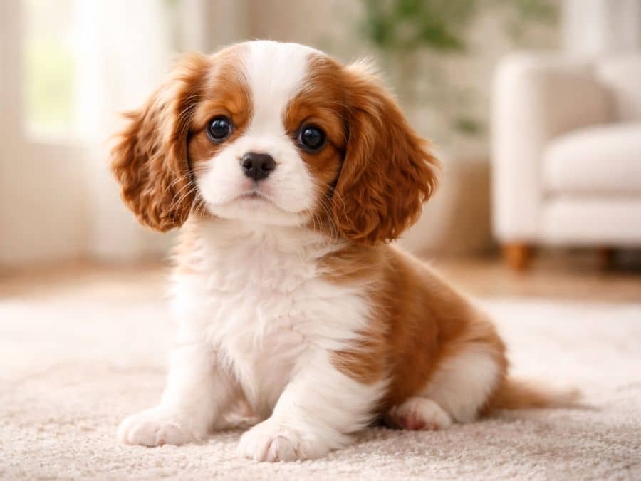 Cavalier King Charles Spaniel puppy on a rug indoors