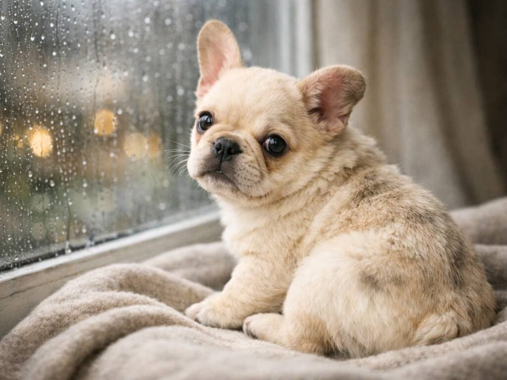 Cream female French Bulldog puppy sitting near a rainy window and looking back over her shoulder.
