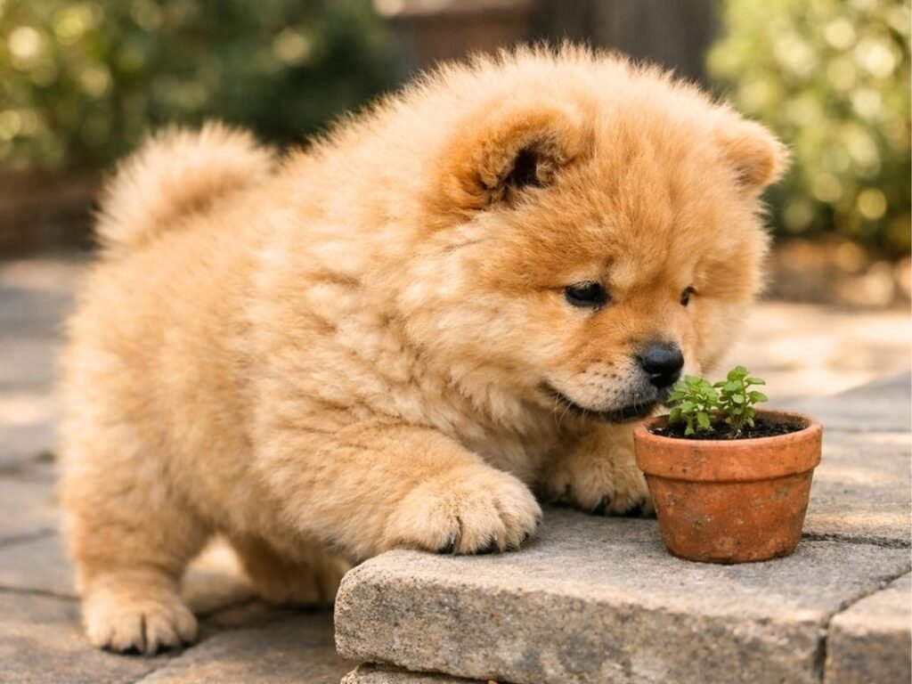 Golden Chow Chow puppy curiously sniffing a plant pot in a backyard patio area.