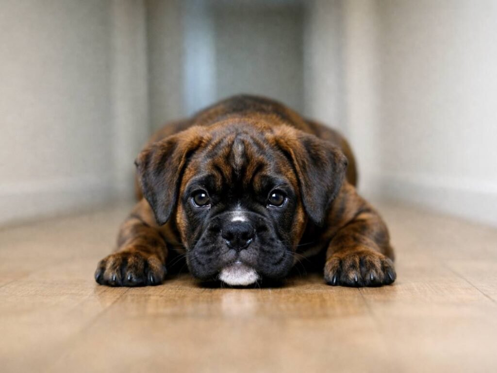 Male Boxer puppy in an alert crouched pose indoors, watching attentively with all paws grounded