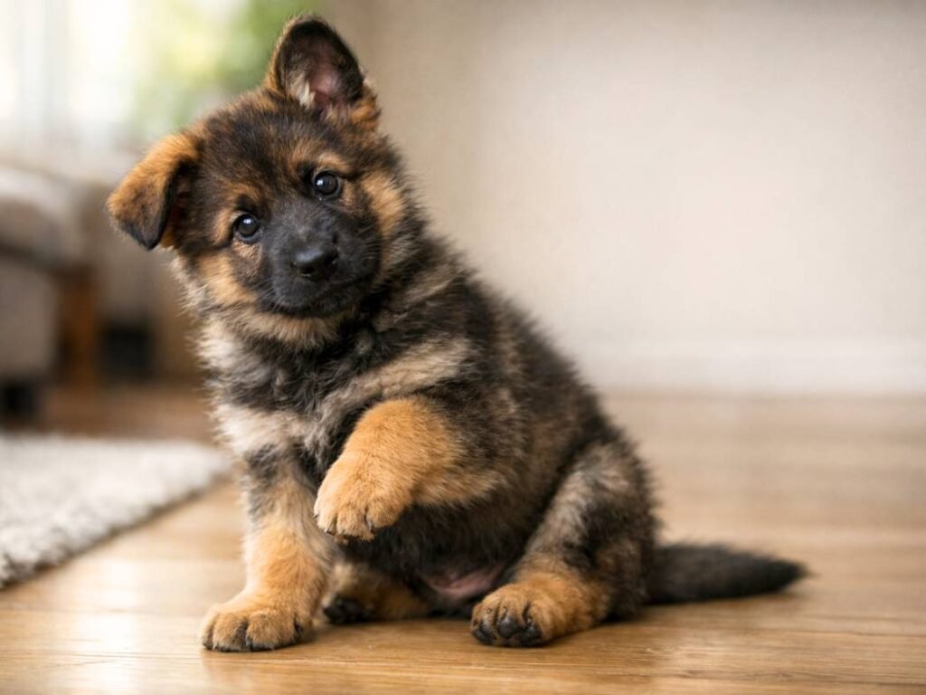 Curious male German Shepherd puppy sitting indoors on a wooden floor with a head tilt in soft window light.