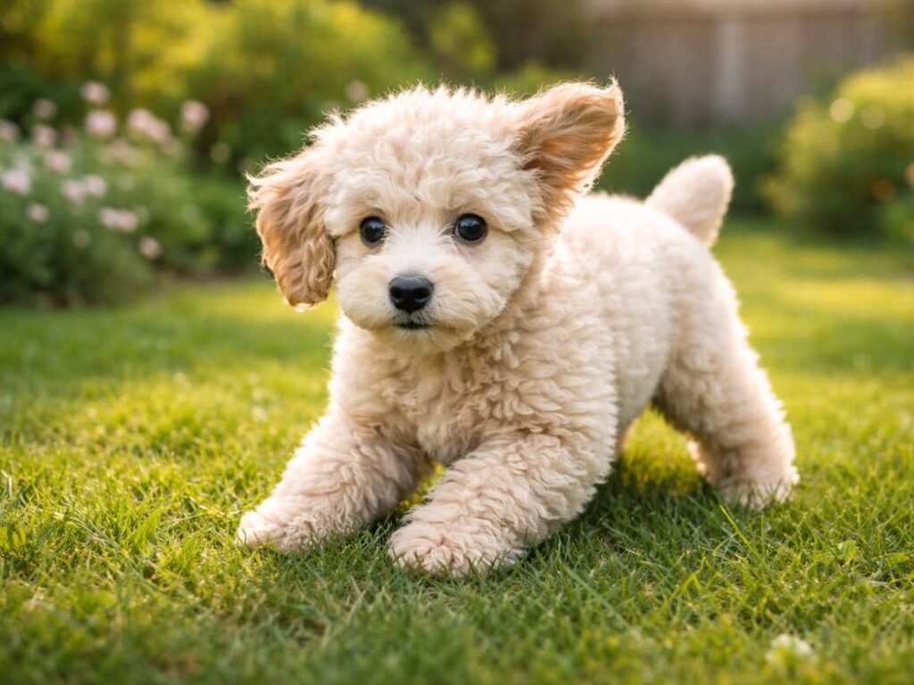 Cream-colored male poodle puppy in a backyard garden, crouched in a playful pounce stance on green grass.