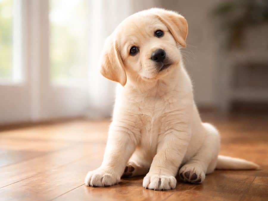Female yellow Labrador puppy sitting indoors with a curious head tilt