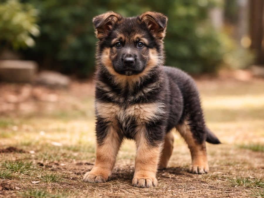 German Shepherd puppy standing confidently in a backyard