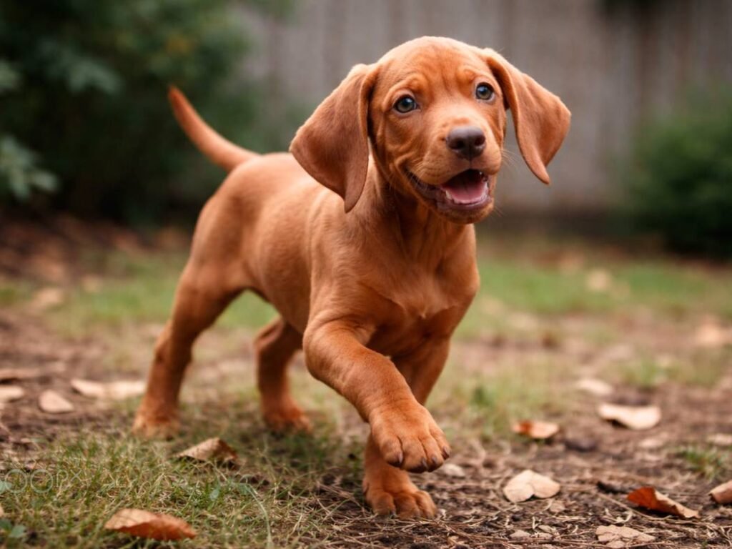 Vizsla puppy mid-step in a backyard garden with fallen leaves, looking distracted