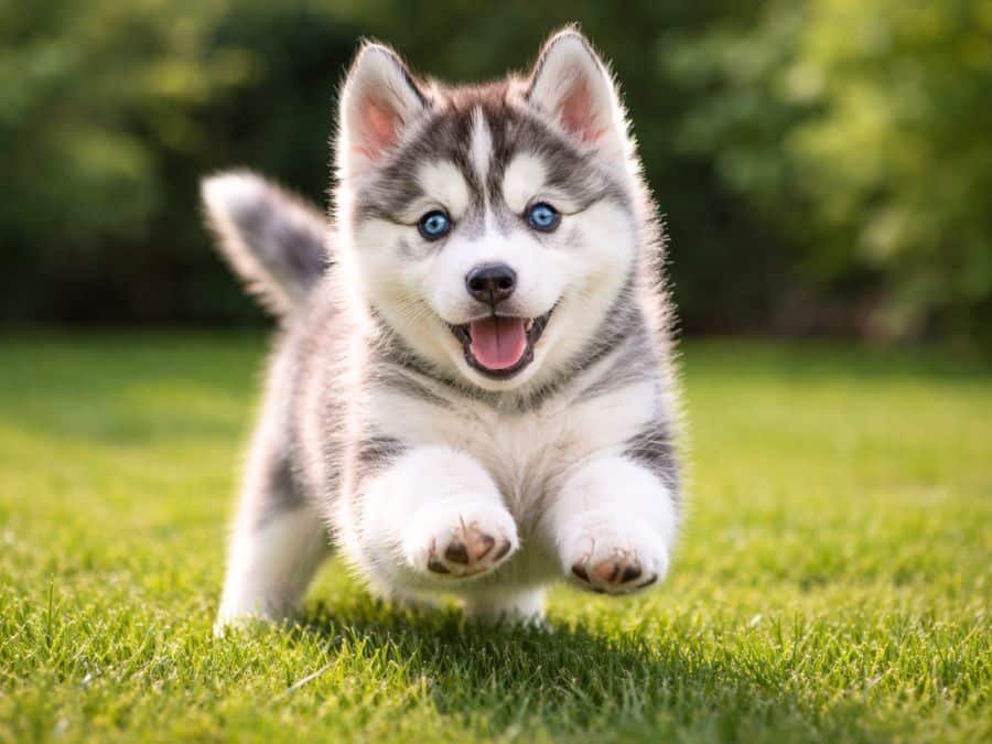 8-week-old Siberian Husky puppy pouncing playfully in a backyard with an excited