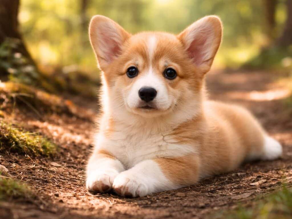 Pembroke Welsh Corgi puppy resting in a garden setting with natural greenery and soft light