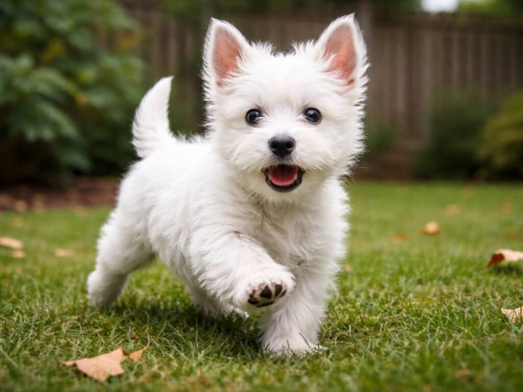 West Highland White Terrier puppy trotting in a backyard garden
