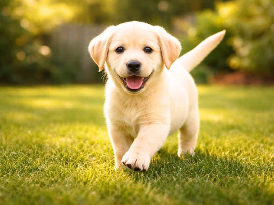A yellow Labrador puppy trotting happily in a sunny backyard