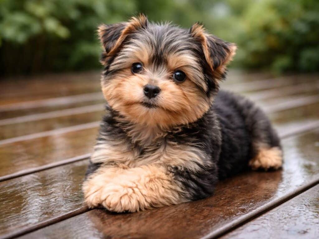 Yorkshire Terrier puppy resting on a wooden deck with a playful, cheerful expression