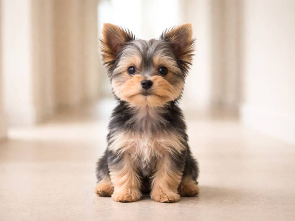 Yorkshire Terrier puppy sitting upright indoors with a happy, alert expression