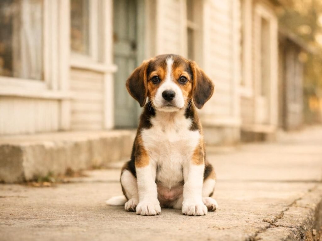 American Foxhound puppy sitting on a quiet small-town American sidewalk