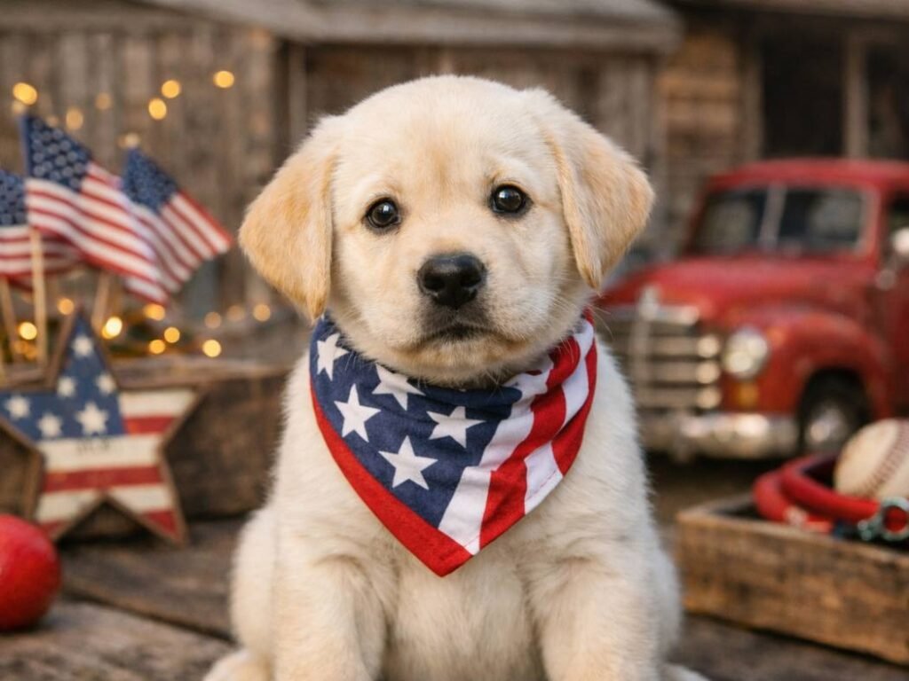 A Labrador Retriever puppy wearing a patriotic bandana, sitting outdoors with playful props and a vintage red truck in the background.