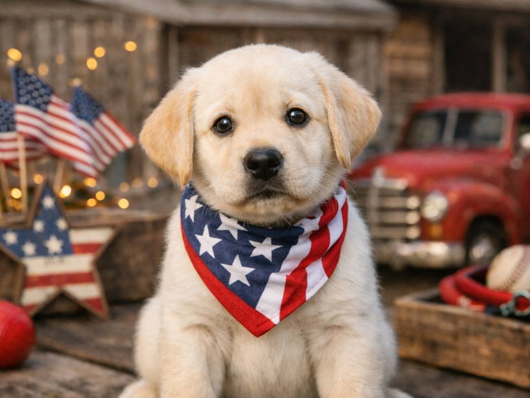 A Labrador Retriever puppy wearing a patriotic bandana, sitting outdoors with playful props and a vintage red truck in the background.
