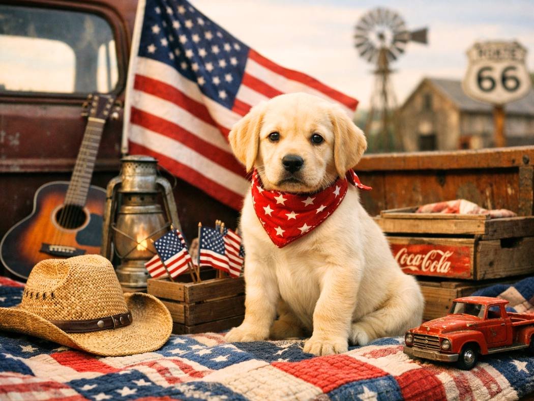 A Labrador Retriever puppy wearing a red star-patterned bandana, sitting on a red, white, and blue quilt in the back of a rustic pickup truck surrounded by Americana elements like mini American flags, a cowboy hat, a vintage guitar, and a Route 66 sign.