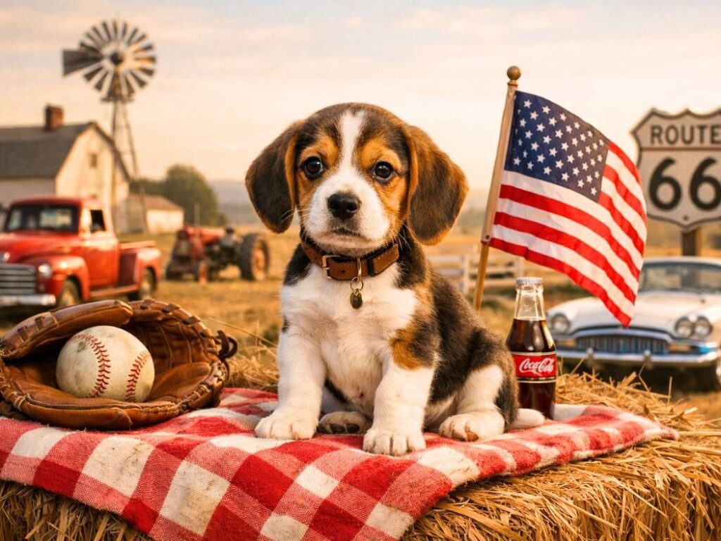 A Beagle puppy sitting on a red-and-white checkered blanket atop a hay bale, surrounded by classic American elements like a baseball glove, Coca-Cola bottle, vintage pickup truck, and a Route 66 sign in a sunlit countryside setting.