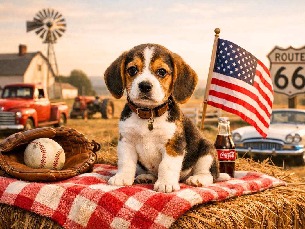 A Beagle puppy sitting on a red-and-white checkered blanket atop a hay bale, surrounded by classic American elements like a baseball glove, Coca-Cola bottle, vintage pickup truck, and a Route 66 sign in a sunlit countryside setting.