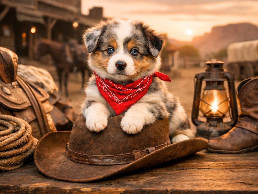 An Australian Shepherd puppy sitting on a weathered cowboy hat, wearing a red paisley bandana.