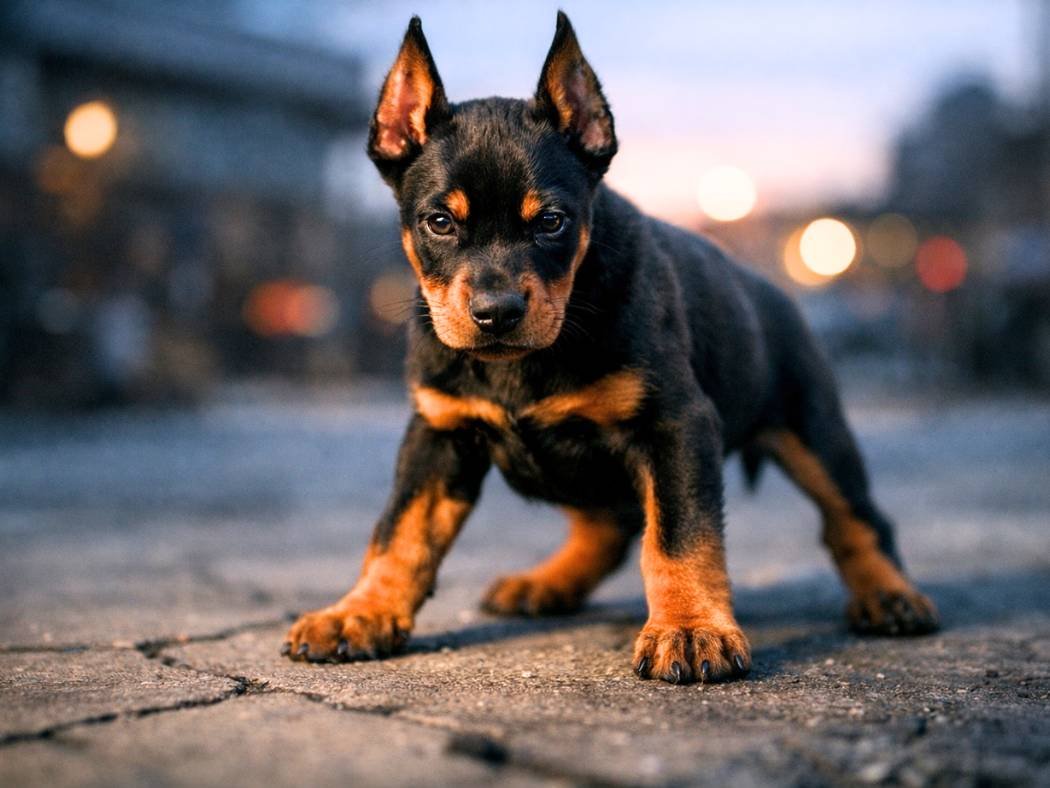 Doberman Pinscher puppy with an alert stance and intense gaze, representing aggressive-sounding dog names.