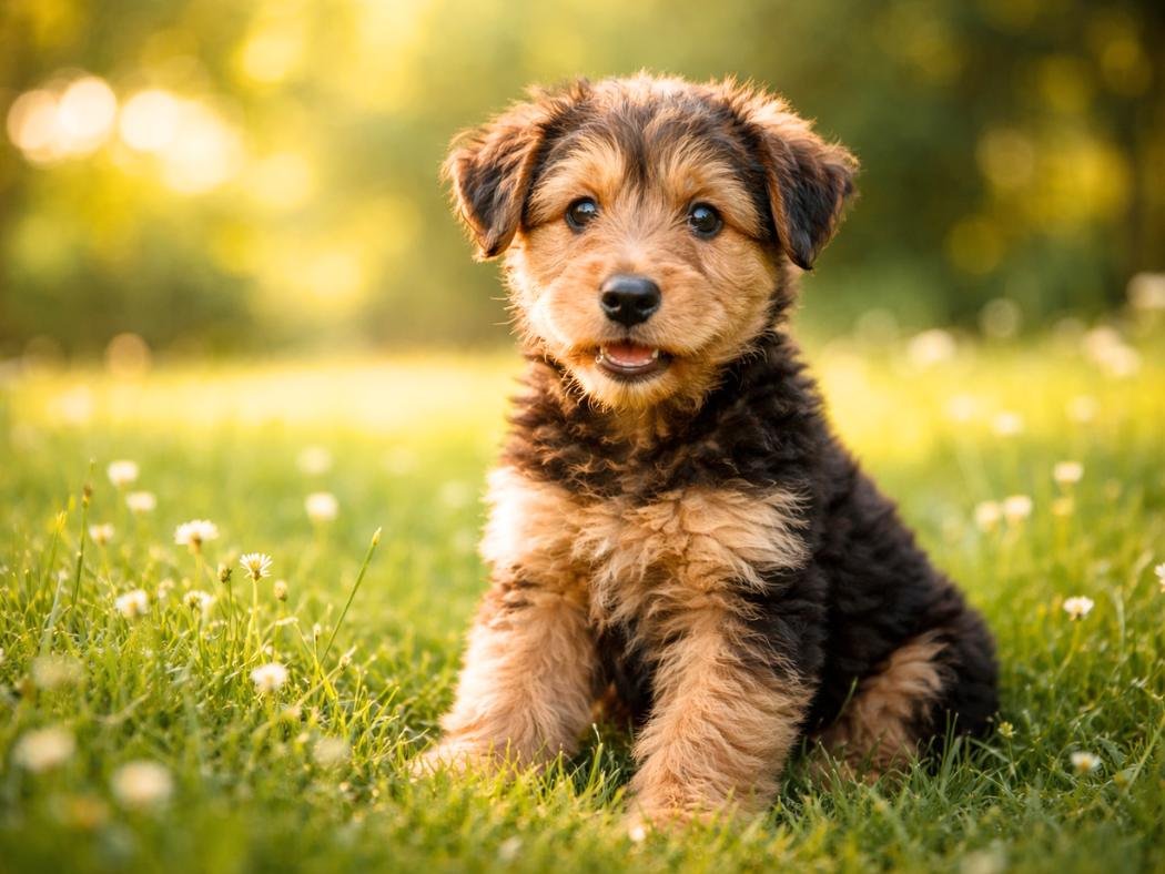 A cute Airedale Terrier puppy sitting on green grass in a sunny park, looking curious and happy in a natural outdoor setting.