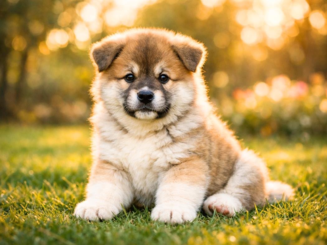 Fluffy Akita puppy sitting on green grass in a park during golden hour, looking curiously at the camera.