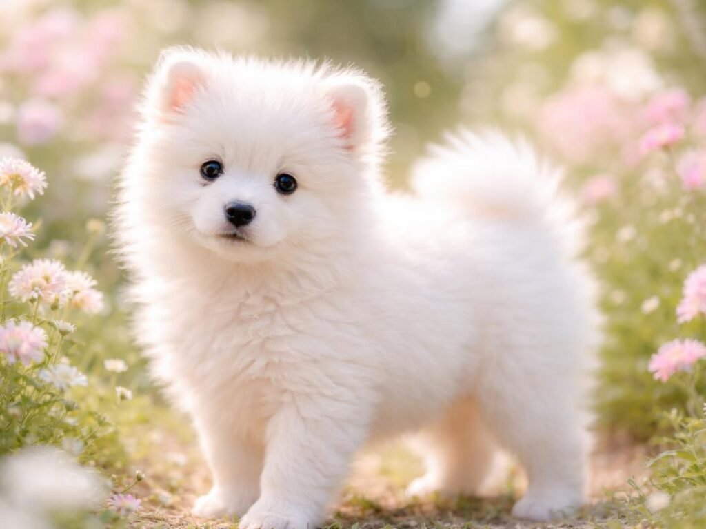 Fluffy American Eskimo Dog puppy standing in a flower garden with soft pastel blooms and bright natural light.
