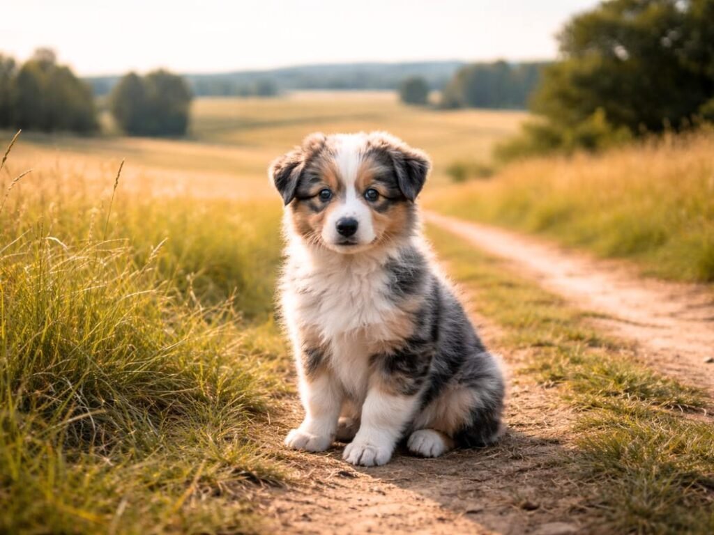 Australian Shepherd puppy sitting on a grassy trail in an open American landscape