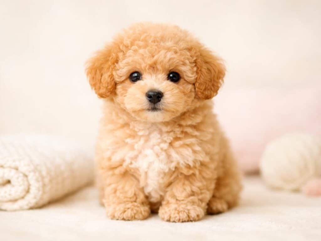 Apricot poodle puppy sitting and looking curiously at the camera